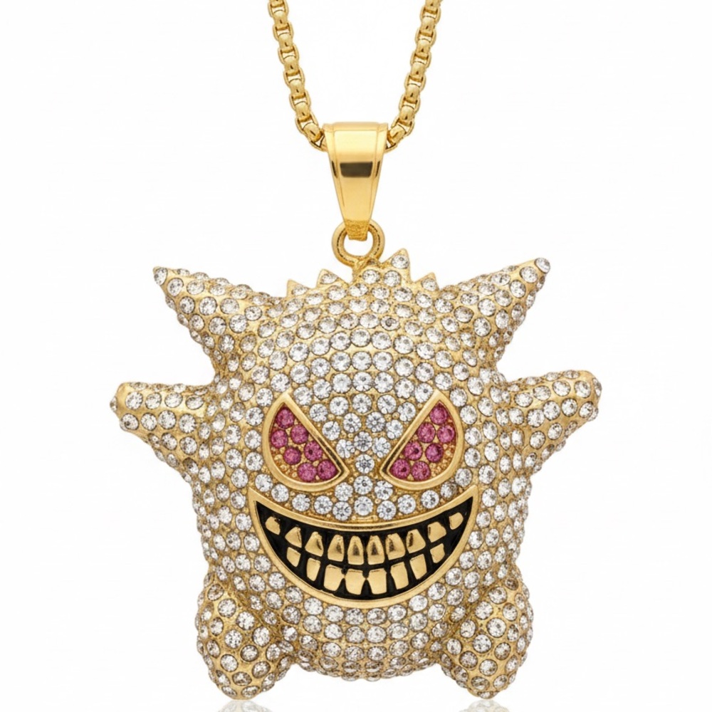 Gold-Plated Stainless Steel Character Pendant Necklace Set 24” Chain, CZ Stones